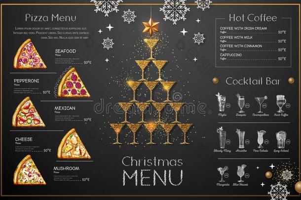 圣诞节菜单设计和金色的香槟酒眼镜.饭店