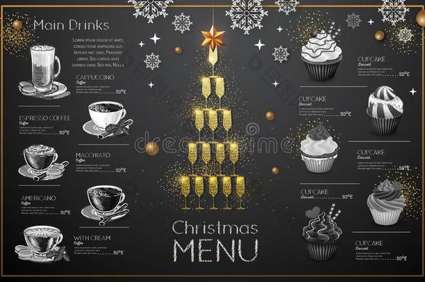 圣诞节菜单设计和金色的香槟酒眼镜.饭店