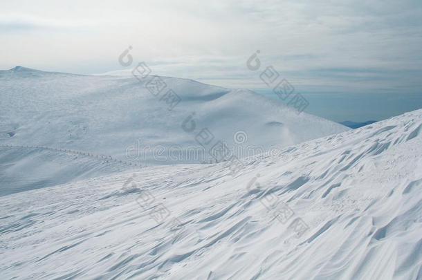 白色的雪大量的山山峰向高的.寒冷的冬后座