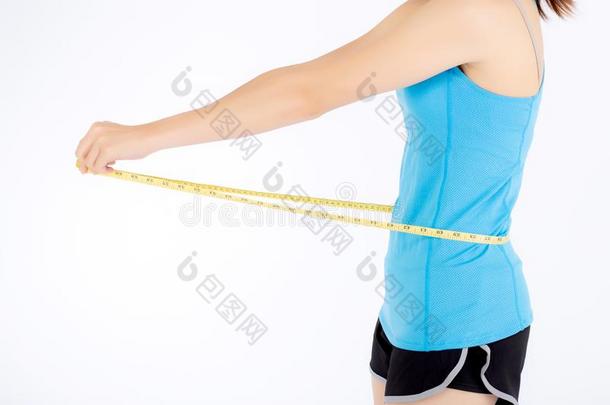 亚洲人女人采用运动衣服和身体苗条的和measur采用g腰