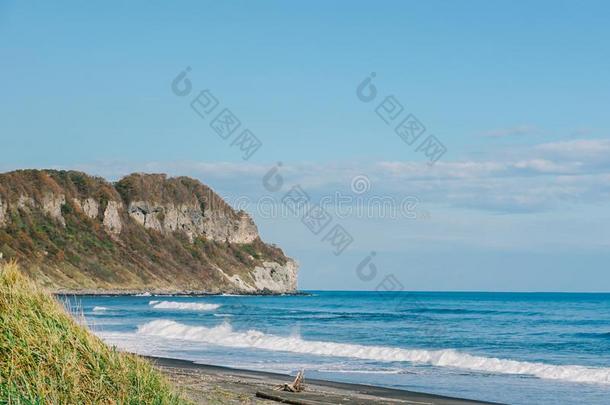 海滩和洋和蓝色天在斗篷奇库尤北海道