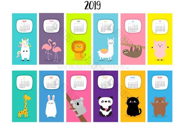 动物垂直的每月的日历2019.羊驼,美洲驼,独角兽,英语字母表的第6个字母