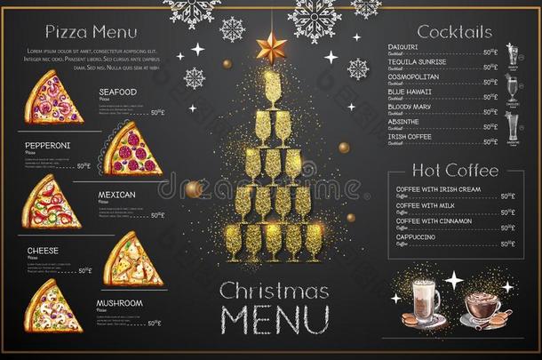 圣诞节<strong>菜单设计</strong>和金色的香槟酒眼镜.饭店