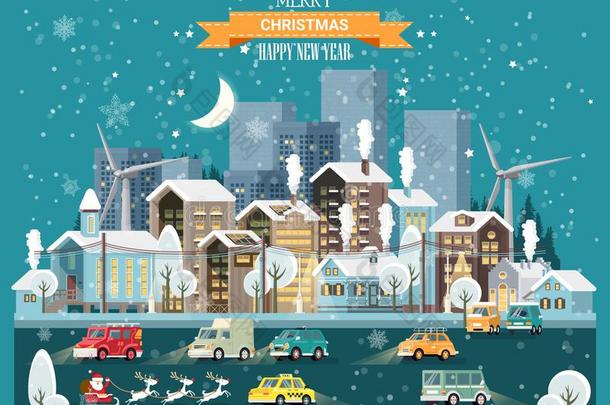 圣诞节<strong>雪夜</strong>城镇和城市锚地,cablerelaystations电缆继电器站和漂亮的住宅.