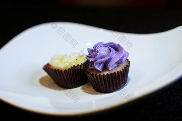 淡紫色的紫色的袖珍型的东西纸杯蛋糕和椰子乳霜纸杯蛋糕