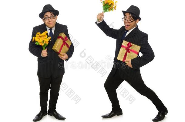 指已提到的人有趣的男人和花和礼品盒