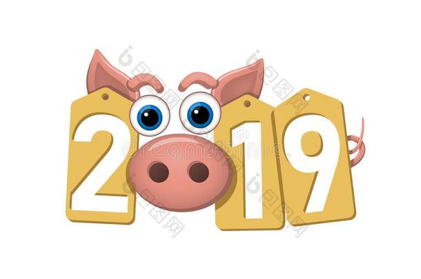 幸福的新的年背景.粉红色的猪,金卖标记.金色的2019