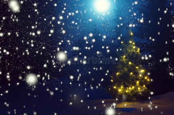 愉快的圣诞节!圣诞节树在外面下雪采用指已提到的人月光