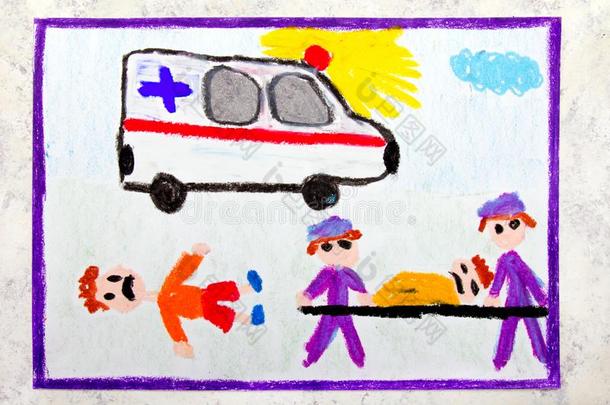 富有色彩的手绘画:救护车和护理人员.