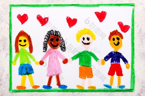富有色彩的绘画:一组关于幸福的国际的朋友
