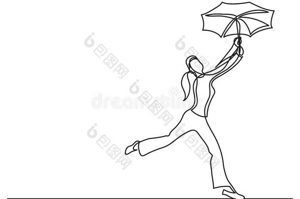 连续的线条绘画关于幸福的女人跳舞和雨伞