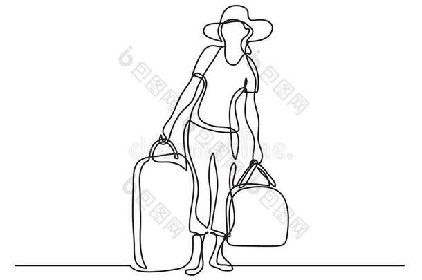 连续的线条绘画关于女人旅行支票运送的行李