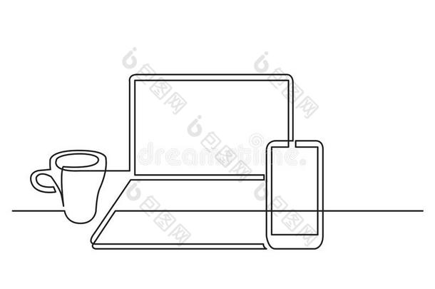 连续的线条绘画关于便携式电脑计算机可移动的电话