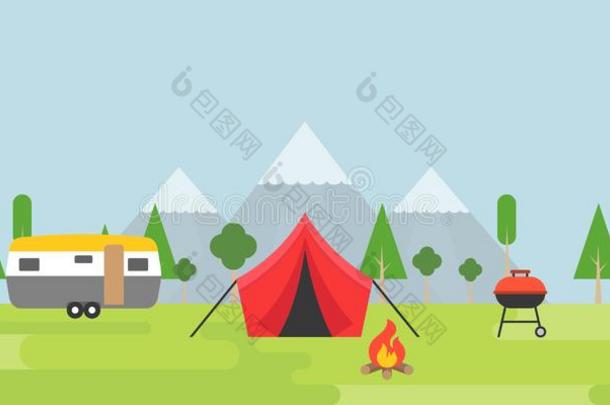 夏野营帐篷,露营者,烤架和营火和森林=moment