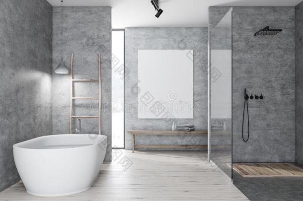 灰色浴室,澡盆和阵雨,海报