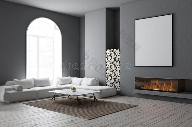 拱形的灰色活的房间,白色的沙发,海报