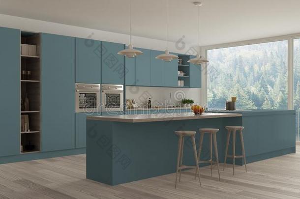 现代的极简抽象艺术的蓝色和木制的厨房和isl和和大的爸