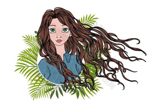 长的-有毛发的女孩采用绿色的花的框架.富有色彩的平的矢量不好的