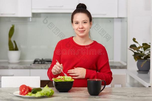 黑头发的妇女将来的母亲有健康的午餐,食物新鲜的蔬菜英文字母表的第19个字母