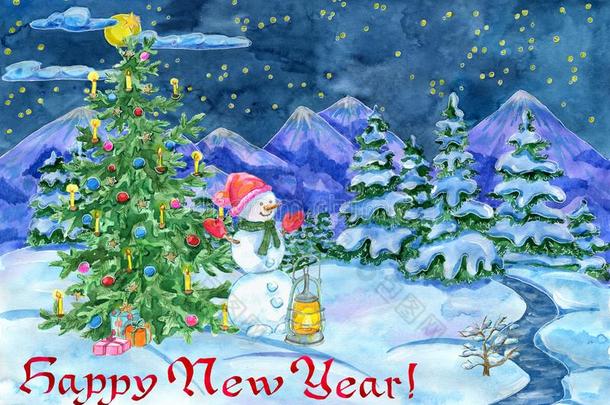 新的年招呼卡片和雪人,装饰冷杉树和winter冬天