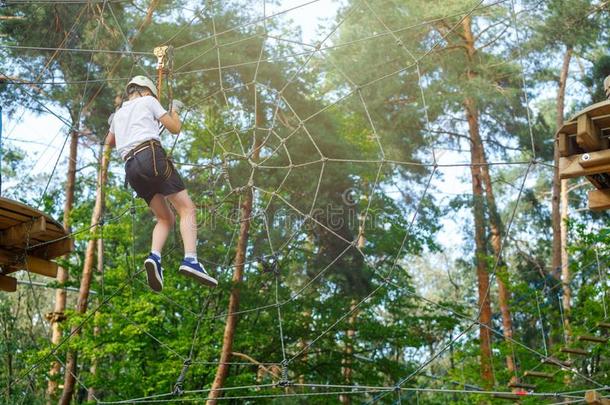 漂亮的男孩享有活动采用climb采用g冒险活动公园在和煦的：照到阳光的英文字母表的第19个字母