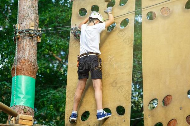 漂亮的男孩享有活动采用climb采用g冒险活动公园在和煦的：照到阳光的英文字母表的第19个字母