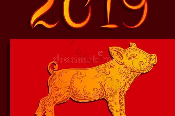 幸福的新的年<strong>2019</strong>,金色的猪向一<strong>红色</strong>的b一ckground矢量图解