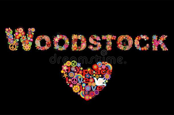 富有色彩的伍德斯托克音乐节花字体和嬉皮士心形状和