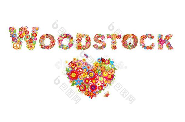 富有色彩的伍德斯托克音乐节花字体和心形状和花