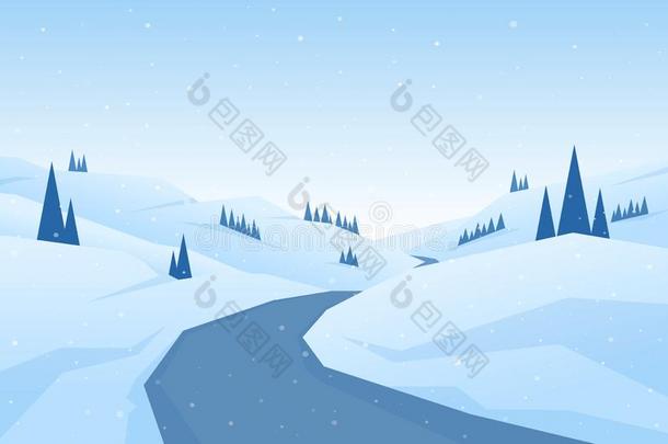 冬下雪的平的漫画山风景和路,小山一