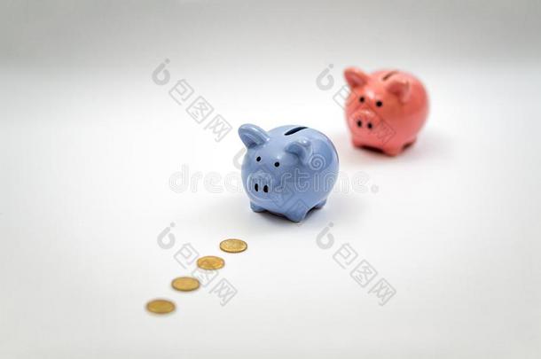 象征关于年小猪银行粉红色的和蓝色向白色的背景