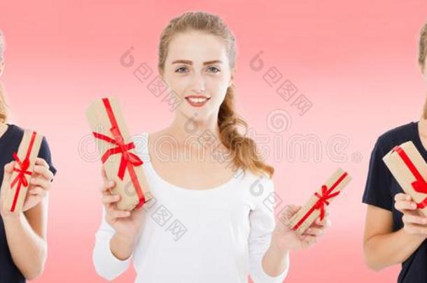 <strong>拼贴</strong>画,放置幸福的女人和赠品盒向粉红色的背景,胡里节