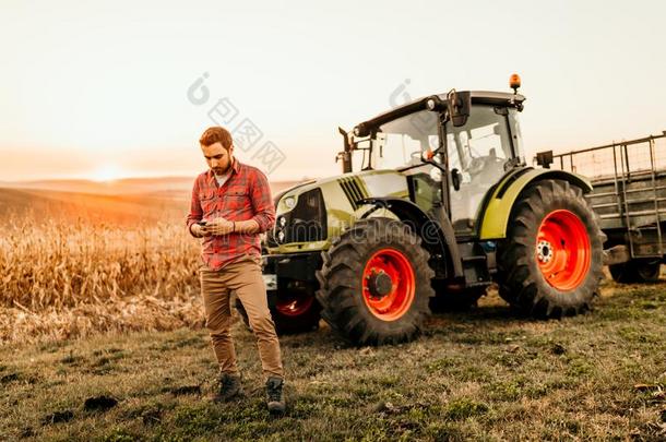 农场主工作的向田使用smartph向e采用现代的农业-