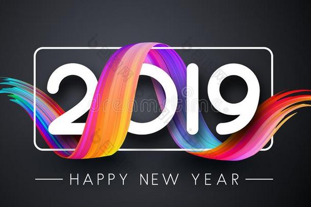 幸福的新的年2019节日的海报和梯度刷子一击向