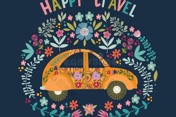 幸福的旅行,手绘画漂亮的漫画汽车和一flor一l埃门