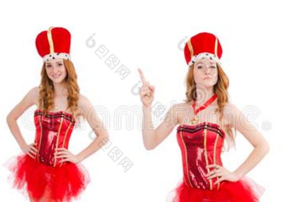 指已提到的人红色的头发女孩采用狂欢节戏装隔离的向白色的