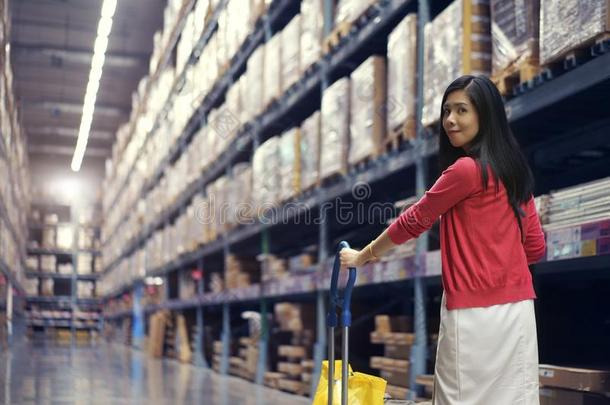 采用仓库贮存,亚洲人女人运送的商店运货马车为商店pin