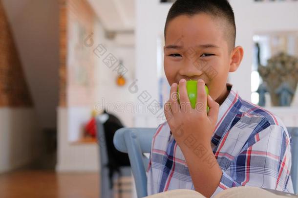 小的亚洲人小孩男孩小孩小孩ren尖锐刺人的吃苹果.小孩ho