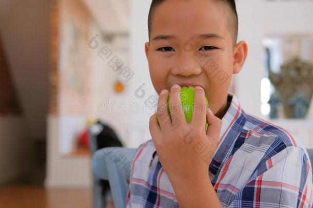 小的亚洲人小孩男孩小孩小孩ren尖锐刺人的吃苹果.小孩ho