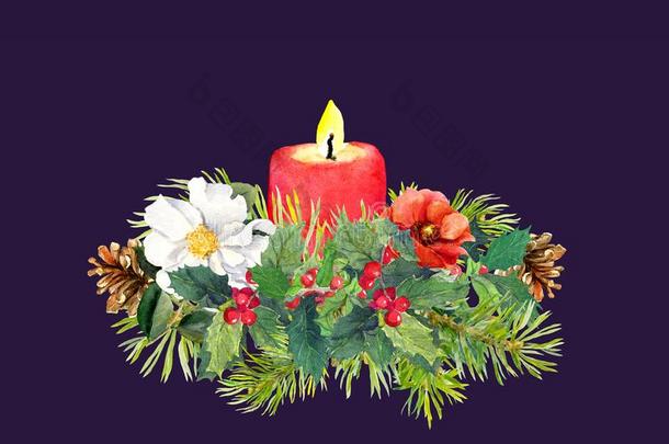 树枝关于圣诞节树,蜡烛,花,冬青植物.<strong>水资源</strong>c