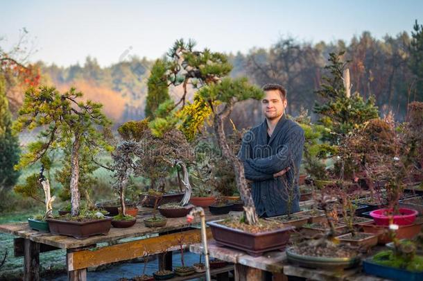 年幼的男人盆景艺术家采用他的盆景农场