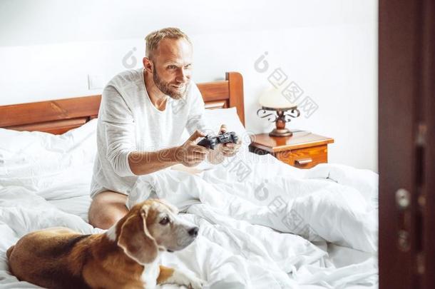 成熟的男人已瓦解在上面和演奏personalcomputer个人计算机运动一次采用床,他的狗warmair热空气