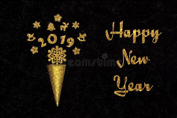文本幸福的新的年金色的华夫饼圆锥体和轮廓<strong>2019</strong>