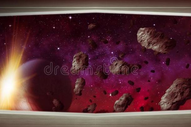 空间地点和小行星从窗看法