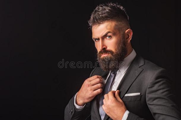 富有的有胡须的男人打扮好的采用典型的一套衣服.高雅偶然的衣服