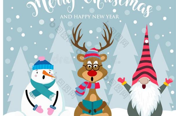 圣诞节卡片和漂亮的格言,驯鹿和雪人