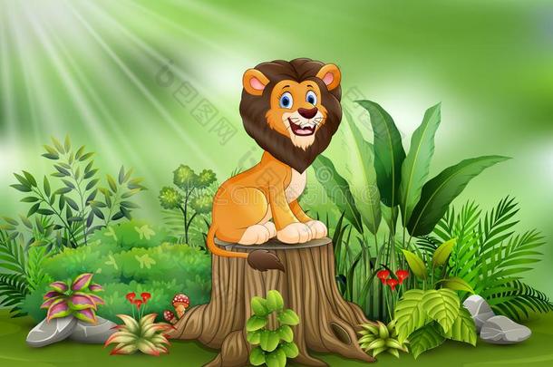 幸福的漫画狮子一次向树<strong>树桩</strong>和绿色的<strong>植物</strong>