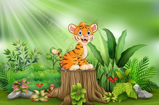 漫画幸福的老虎一次向树<strong>树桩</strong>和绿色的<strong>植物</strong>