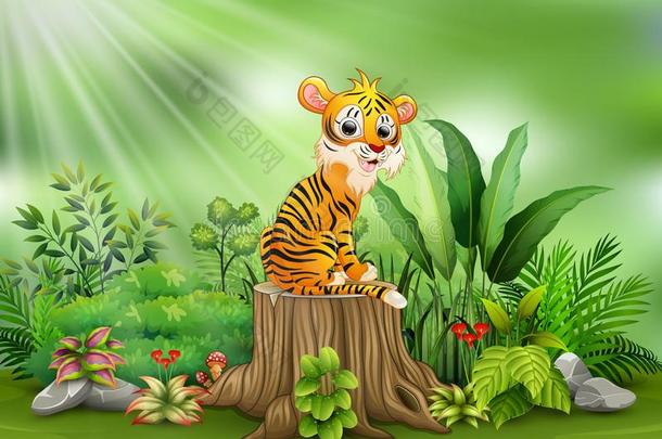 漫画幸福的老虎一次向树<strong>树桩</strong>和绿色的<strong>植物</strong>