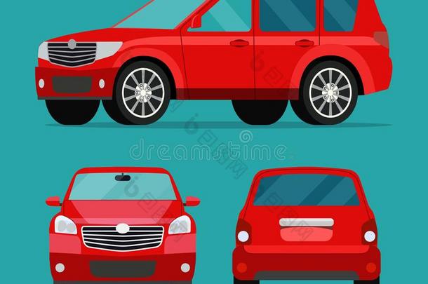 红色的汽车两个角放置.汽车面看法,背看法和前面看法.